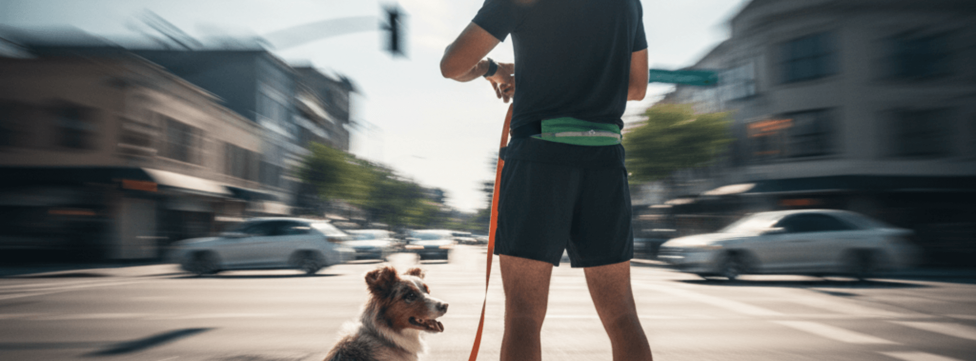 High-output dog during a structured running session on a repeat neighborhood route.