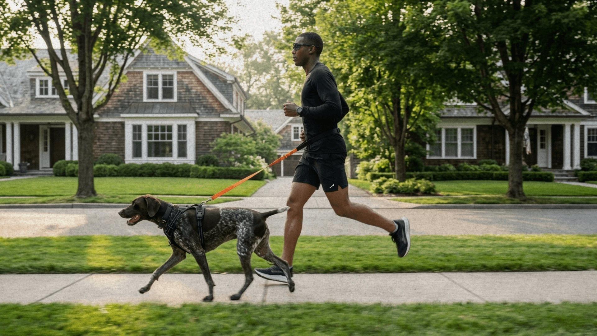 Runner moving with a dog on a neighborhood street during SPENT onboarding in Warren County, Ohio.